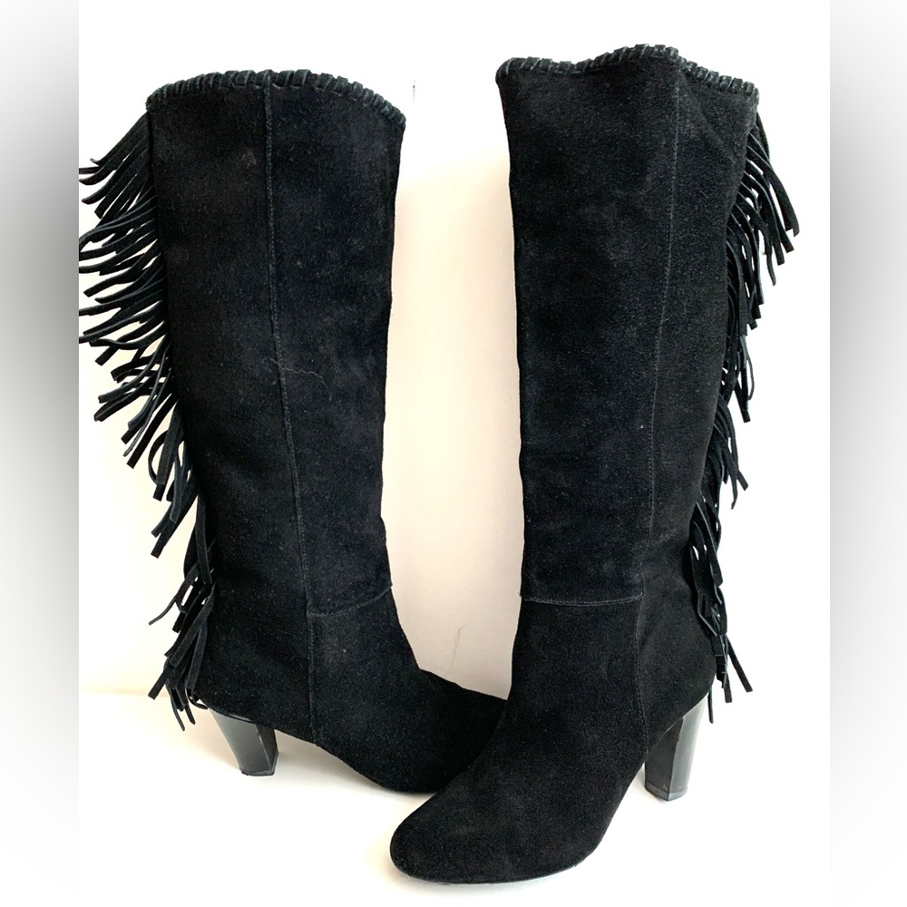 Cosmopolitan Knee High Black Suede Leather Fringe Tassel  Boots ~ size 8